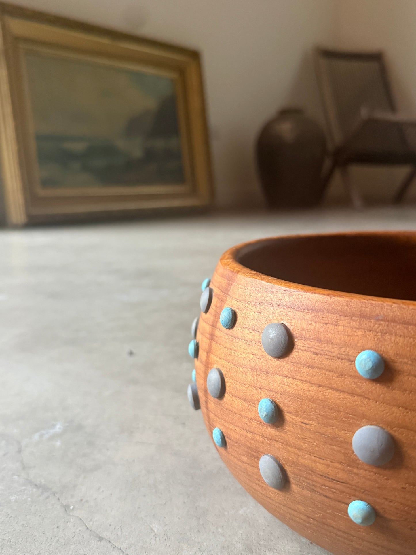 Artisanal Wood Bowl with Raised Painted Dots
