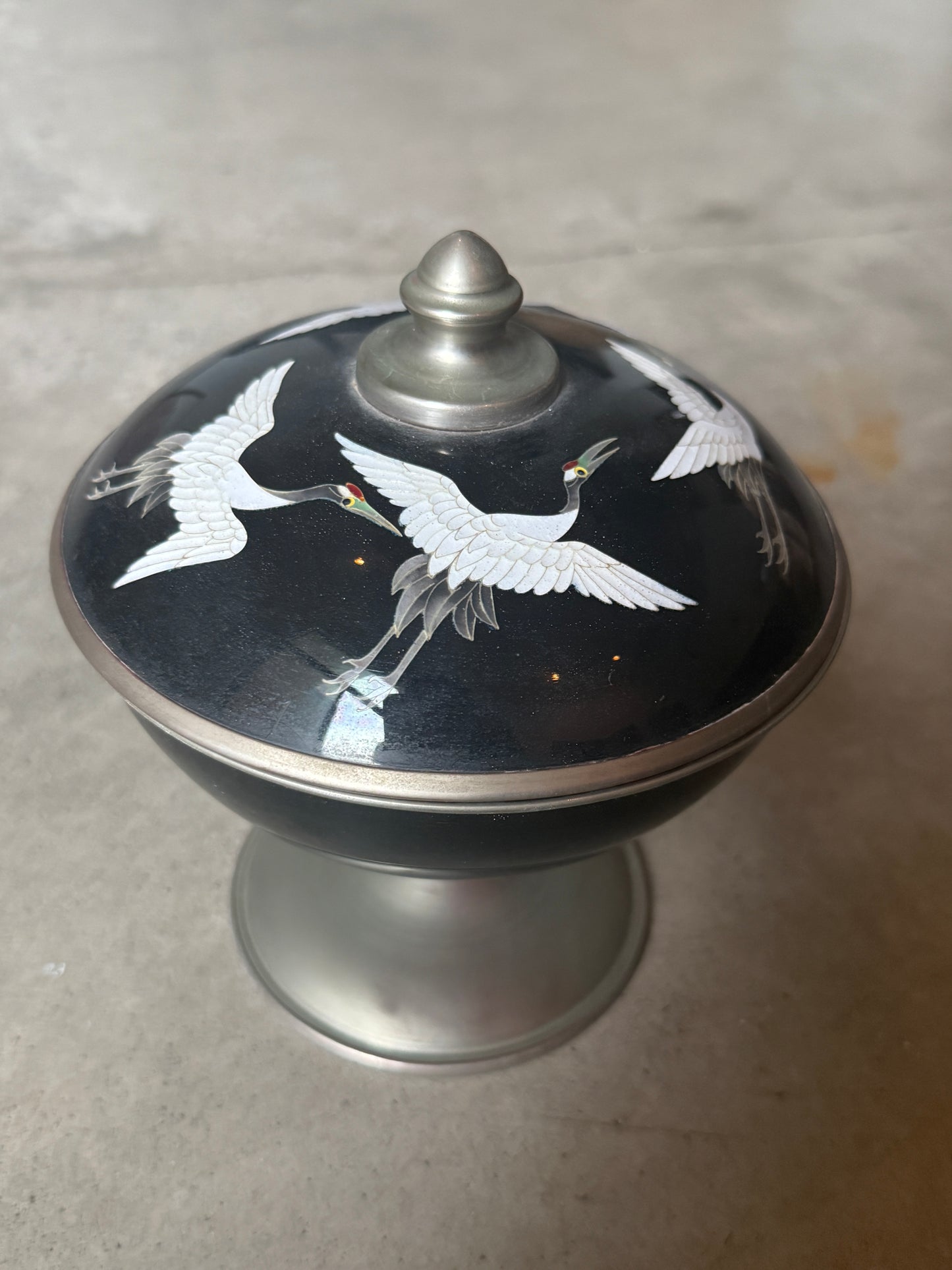 Enamel & Pewter Pedestal Bowl with Cranes on Lid