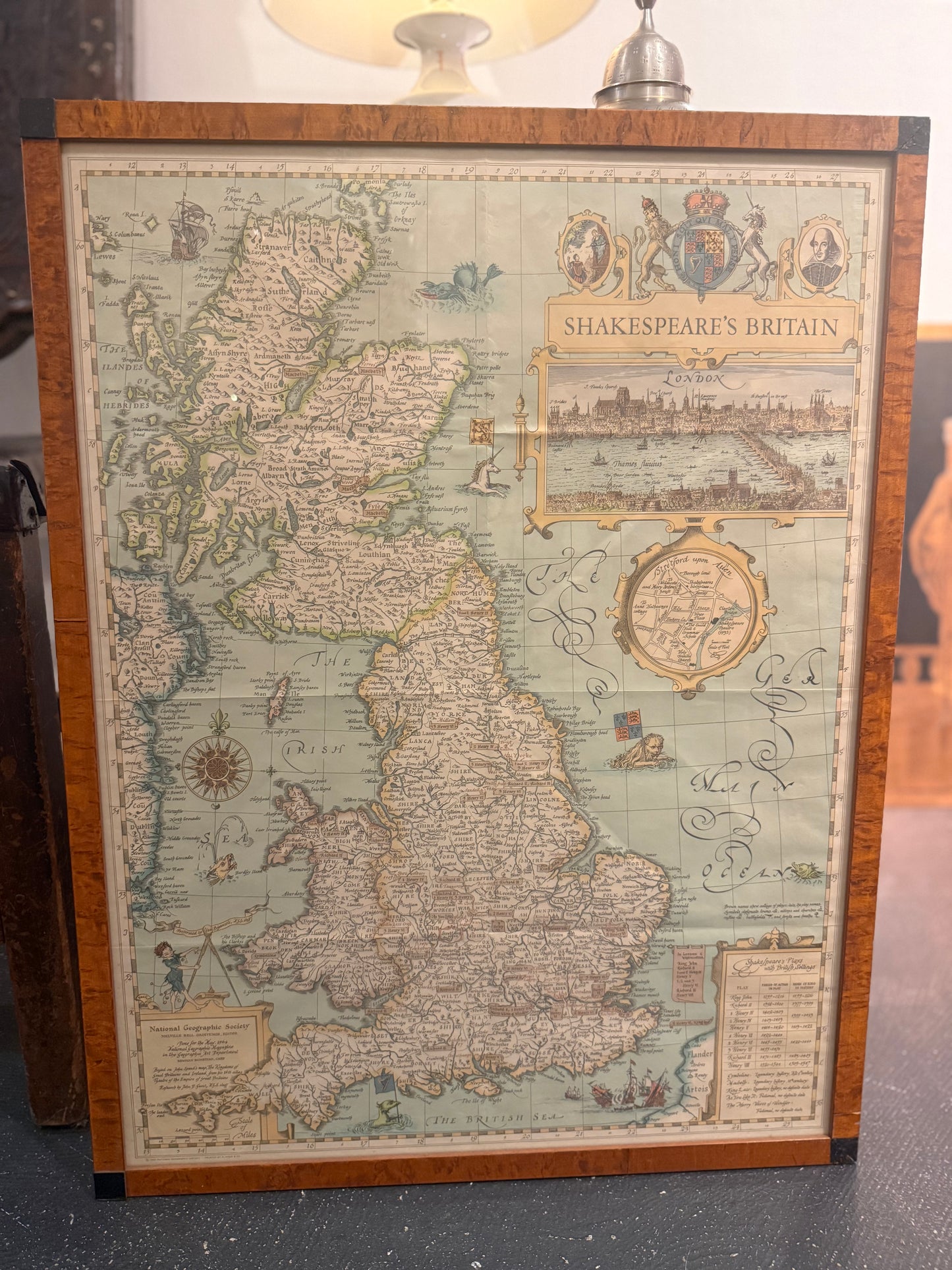 Vintage Shakespeare Map in Burlwood Frame