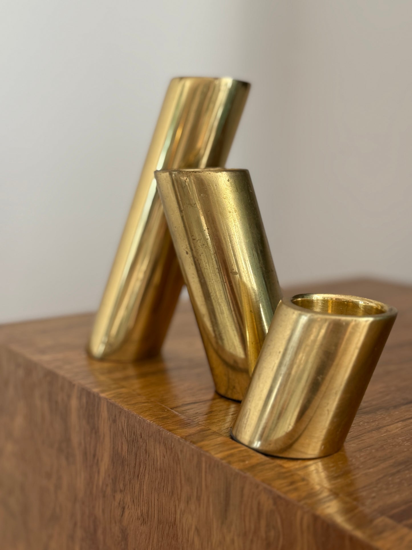 Trio of Slanted Brass Candle Holders