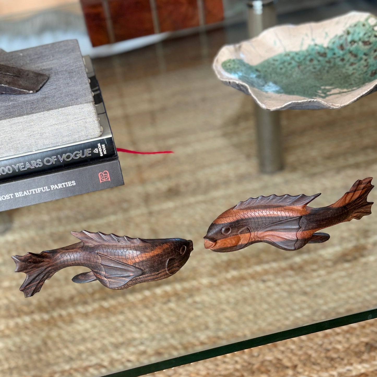 Carved Dark Ironwood Koi Sculpture