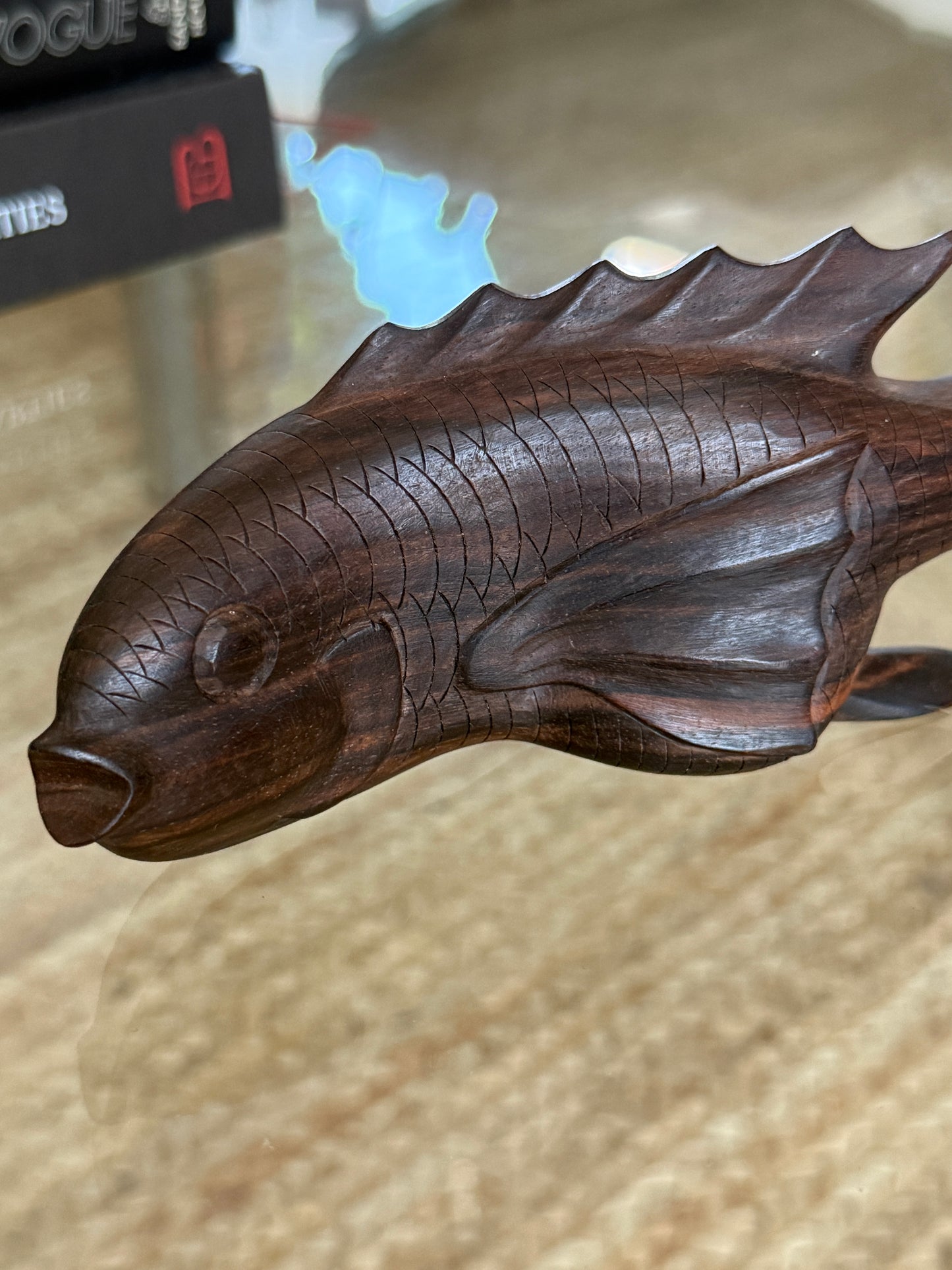 Carved Dark Ironwood Koi Sculpture