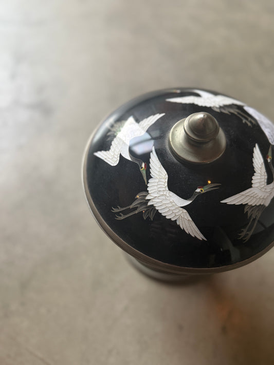 Enamel & Pewter Pedestal Bowl with Cranes on Lid