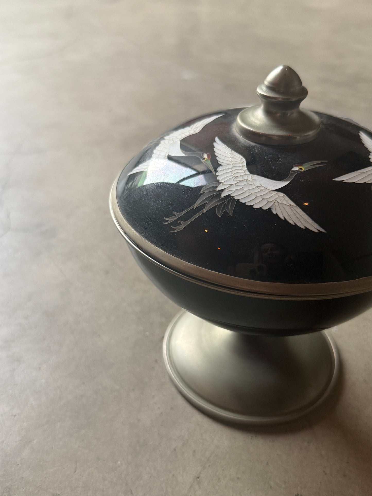 Enamel & Pewter Pedestal Bowl with Cranes on Lid