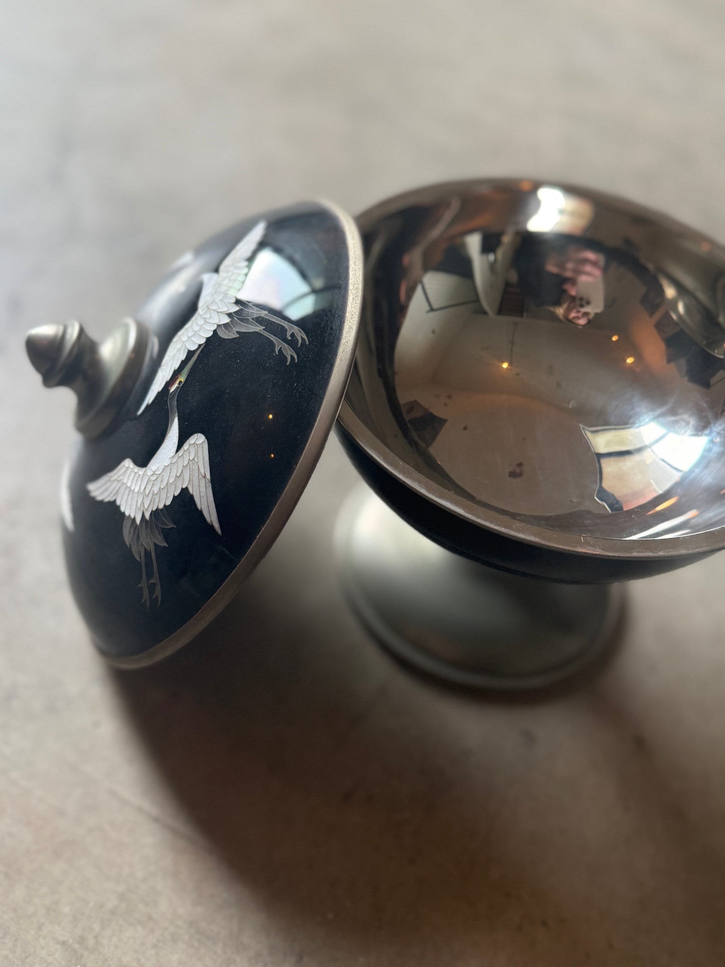 Enamel & Pewter Pedestal Bowl with Cranes on Lid