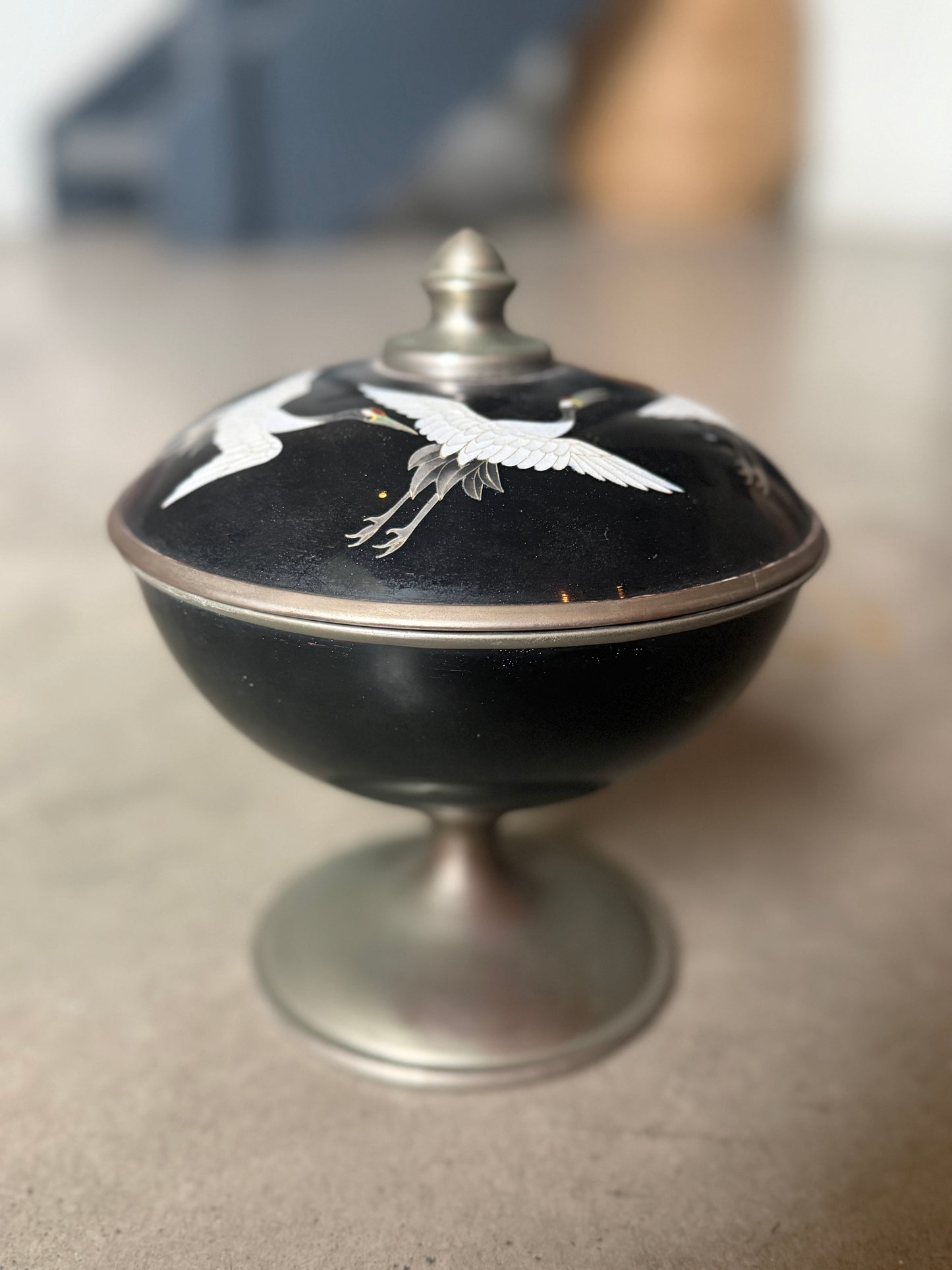Enamel & Pewter Pedestal Bowl with Cranes on Lid