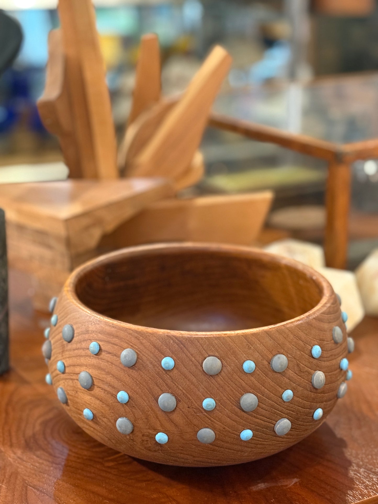 Artisanal Wood Bowl with Raised Painted Dots
