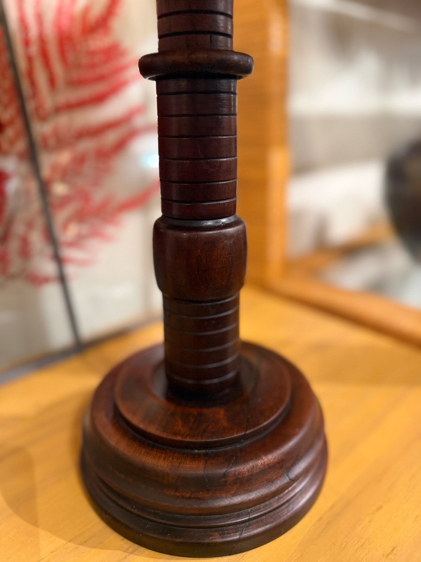 Mid-Century Turned Wood Lamp w Orig Bamboo Shade