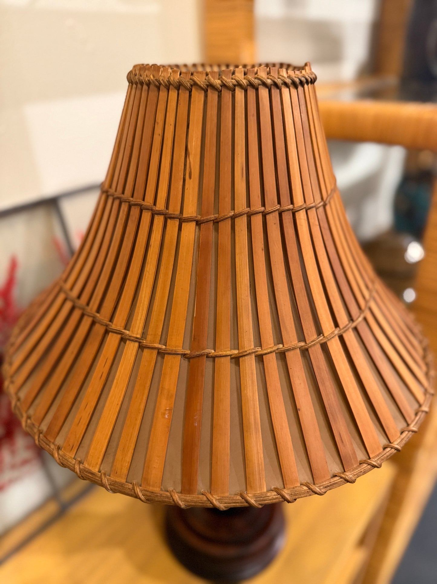 Mid-Century Turned Wood Lamp w Orig Bamboo Shade