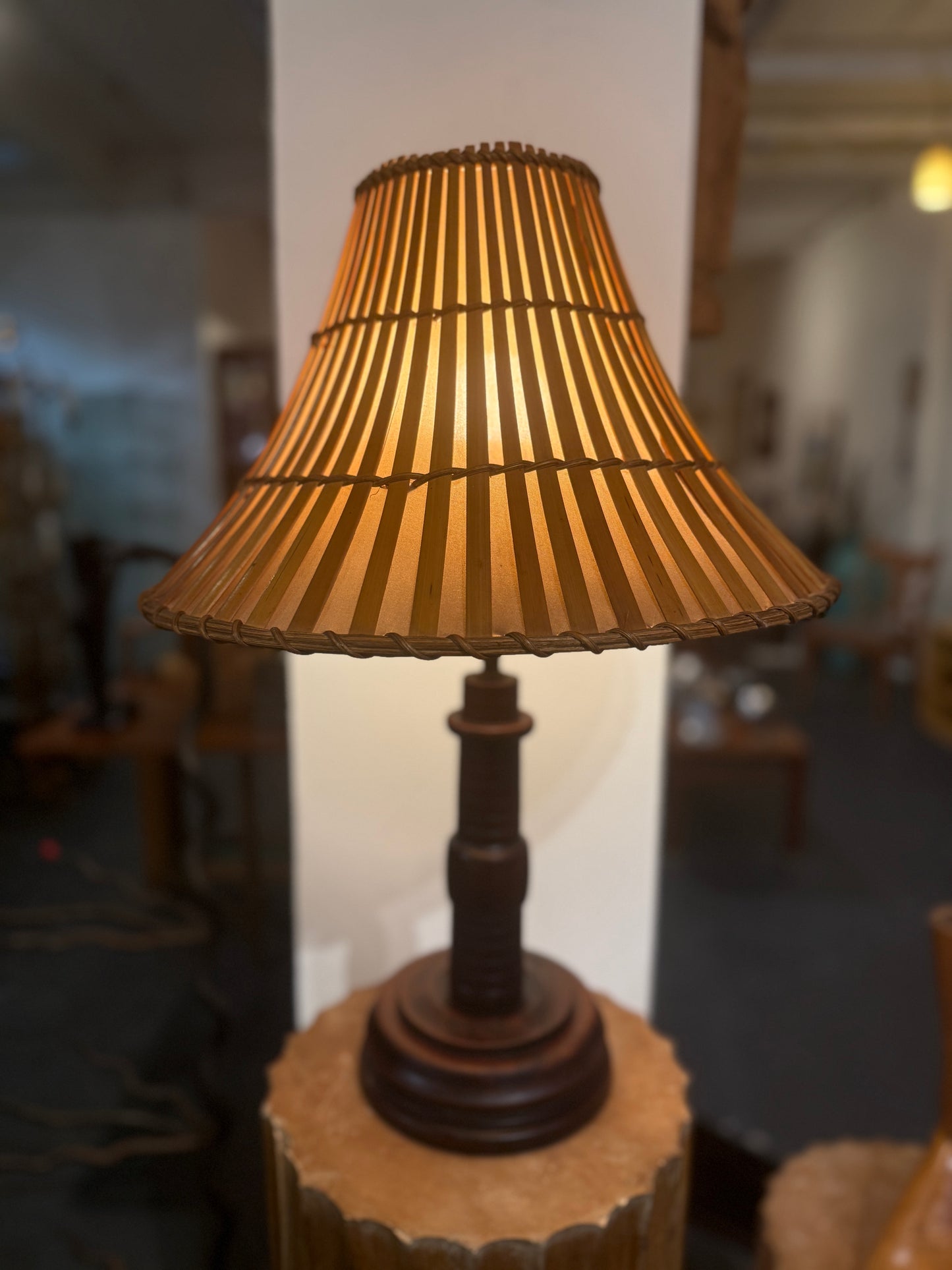Mid-Century Turned Wood Lamp w Orig Bamboo Shade