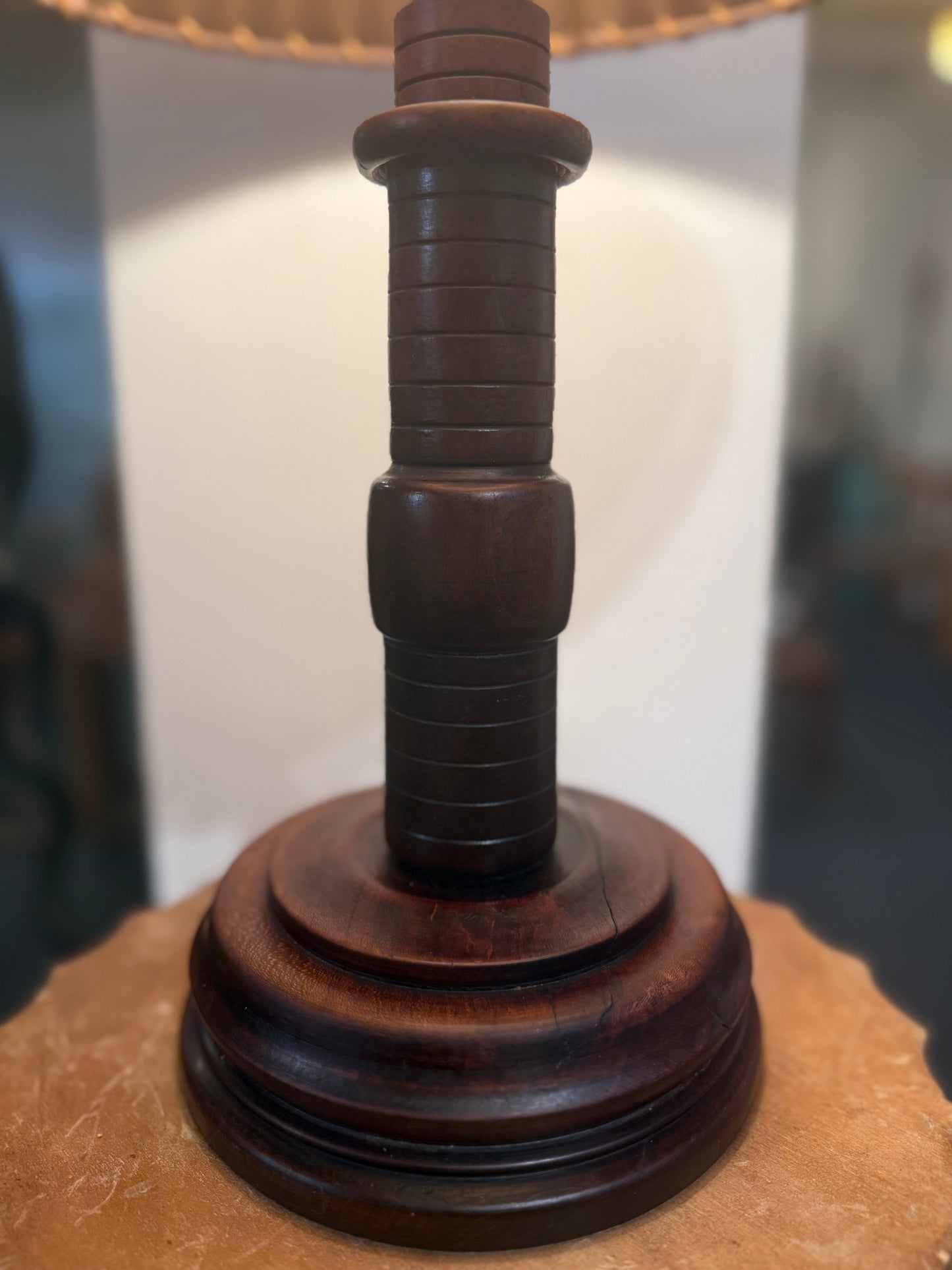 Mid-Century Turned Wood Lamp w Orig Bamboo Shade