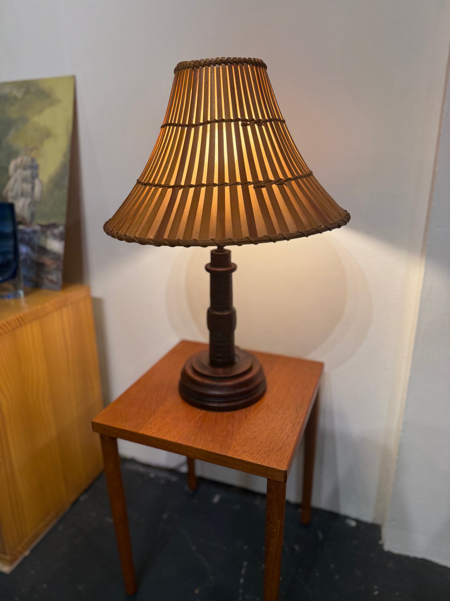 Mid-Century Turned Wood Lamp w Orig Bamboo Shade