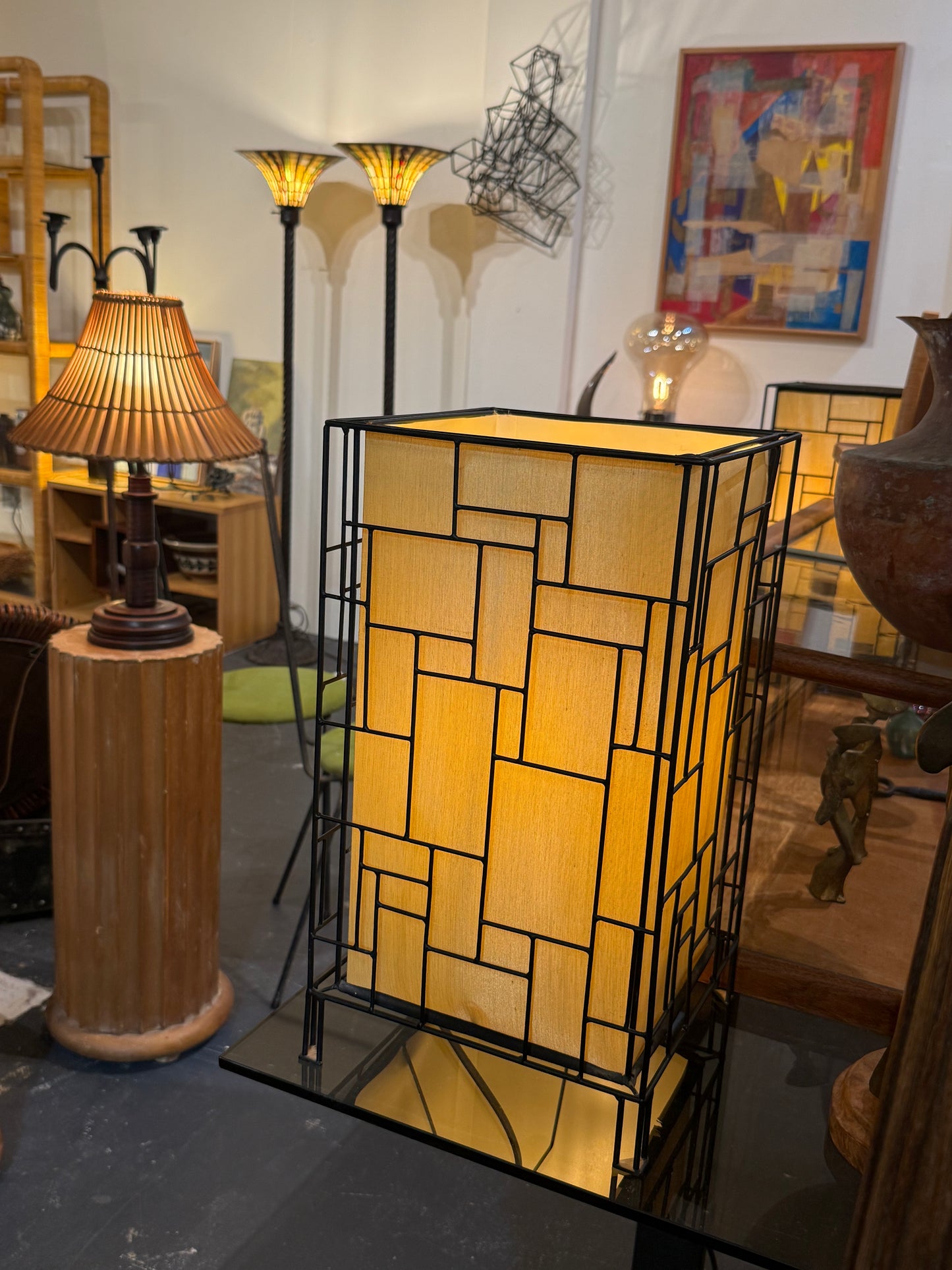 Fabulous Pair of Mid-Century Architectural Lamps with Silk Lining