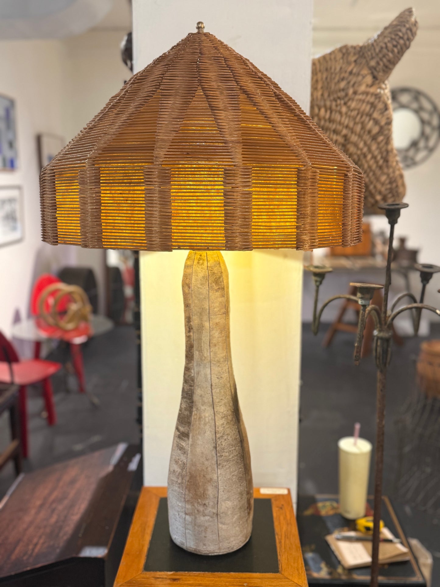 One of a Kind Statement Studio Pottery Lamp with Tramp Art Shade