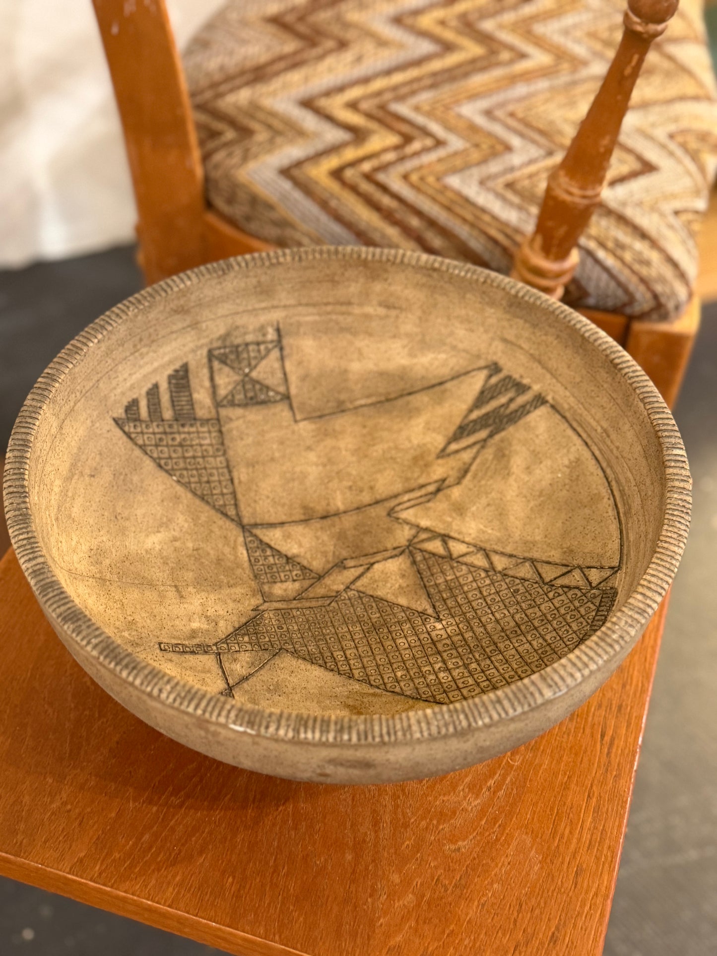 MCM Footed Pottery Bowl with Geometric Etching