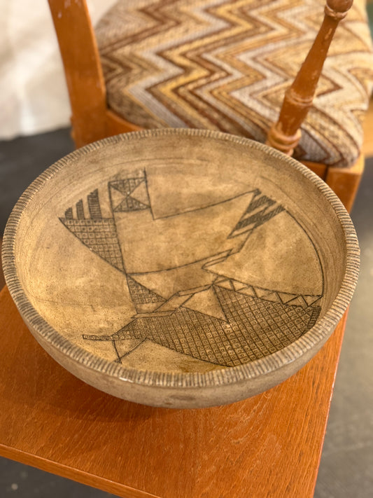 MCM Footed Pottery Bowl with Geometric Etching