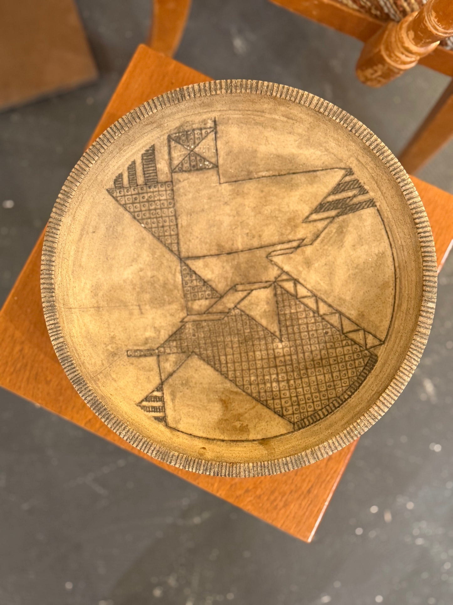 MCM Footed Pottery Bowl with Geometric Etching
