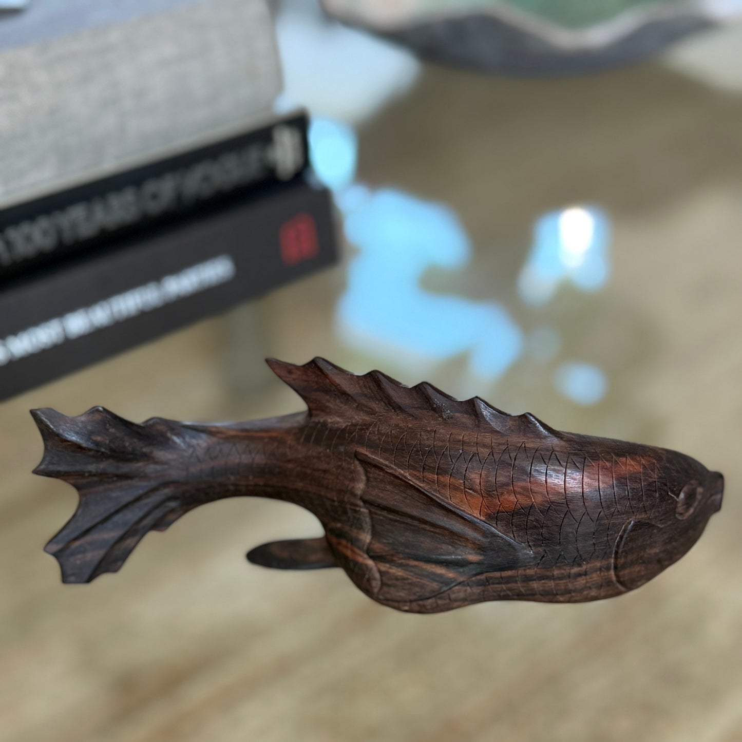 Carved Dark Ironwood Koi Sculpture