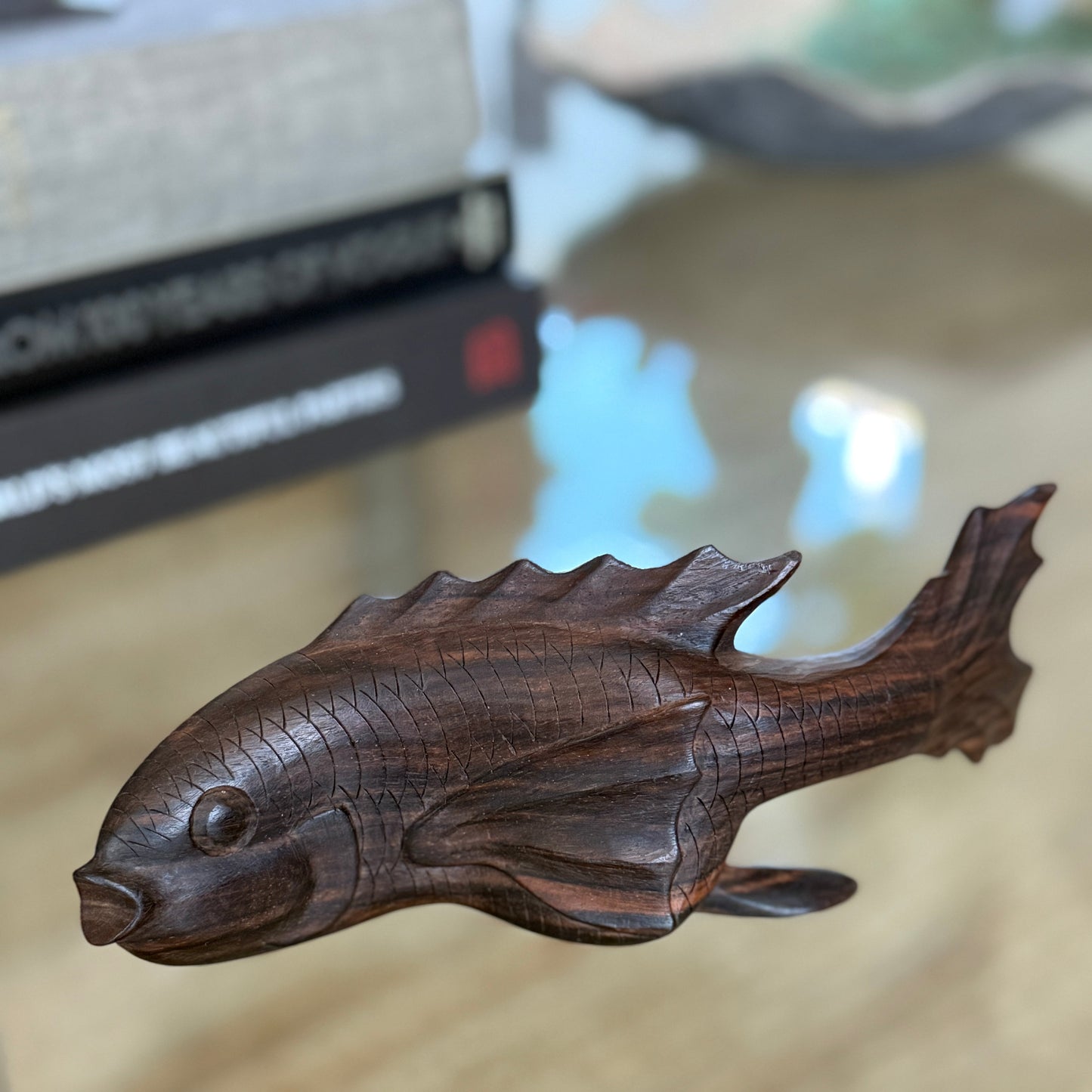 Carved Dark Ironwood Koi Sculpture