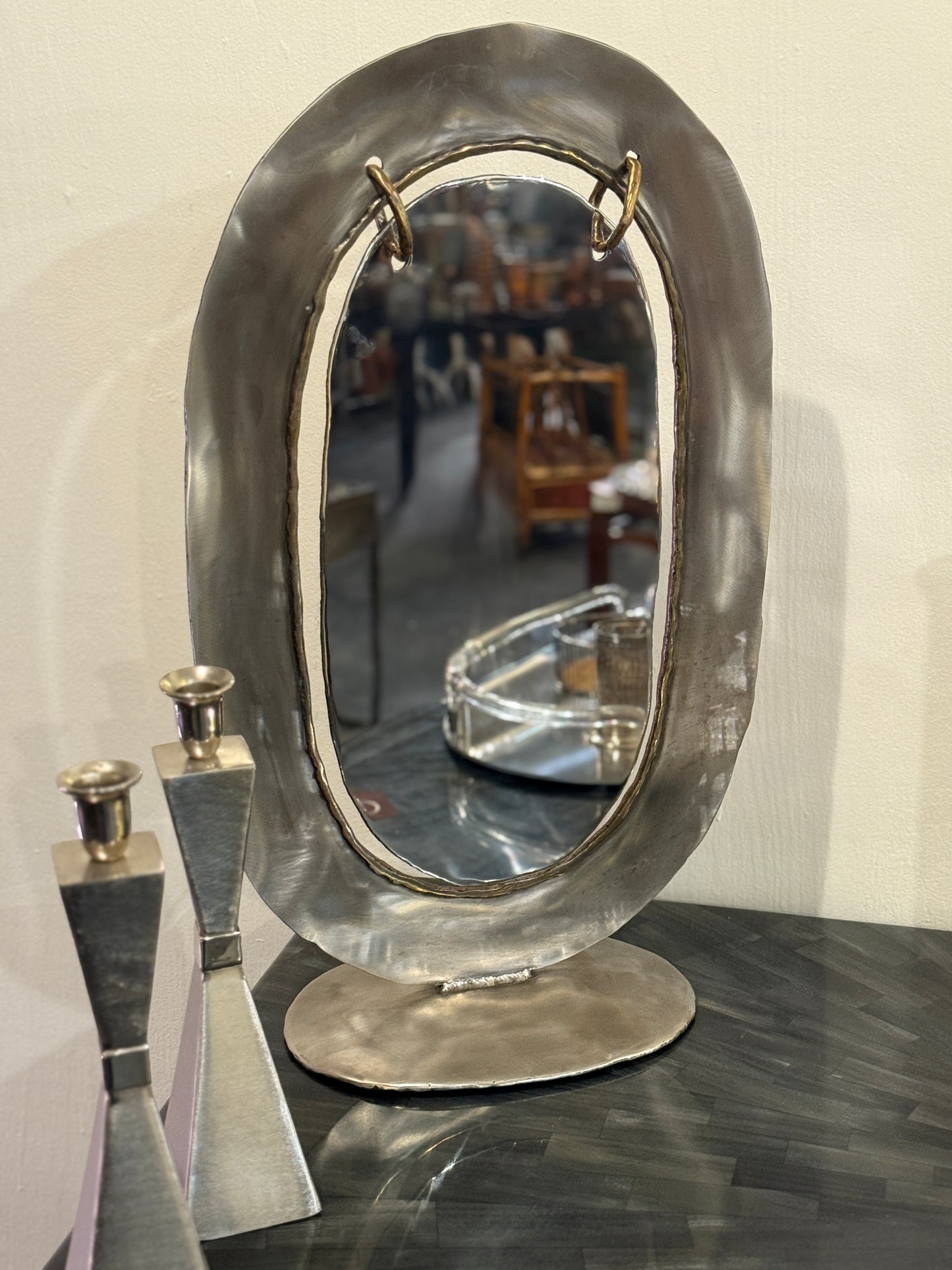 Late 20th Swinging Mirror Metal Sculpture